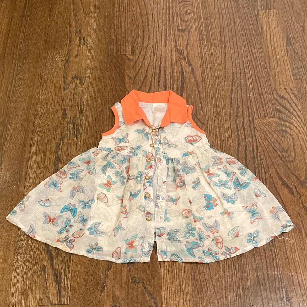 Kardashian Kids Orange Collar Dress with Blue and Pink Butterflies